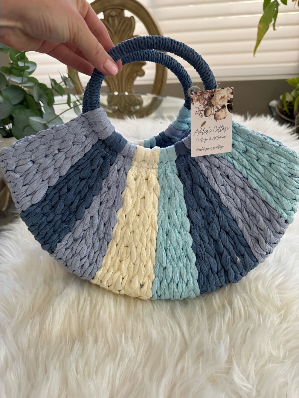 Handwoven Stripe Round Handle Tote - Blue, Light Blue & Cream